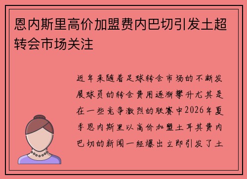 恩内斯里高价加盟费内巴切引发土超转会市场关注 恩内斯里高价加盟费内巴切引发土超转会市场关注