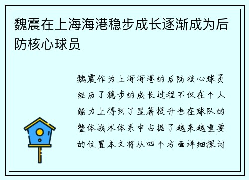 魏震在上海海港稳步成长逐渐成为后防核心球员 魏震在上海海港稳步成长逐渐成为后防核心球员